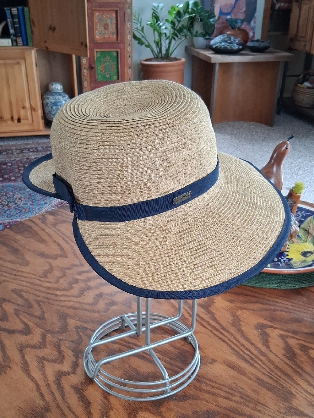 Sun And Sand Rafia Navy Trim  Backless Wide Brim Summer Beach Hat - Picture 9 of 9